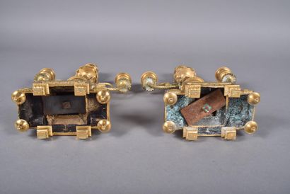 Pair of three-light ormolu candelabra, the...