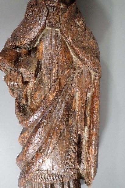 Carved oak statue of a holy bishop. Work...