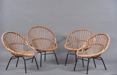 Set of four rattan armchairs, shell model,...