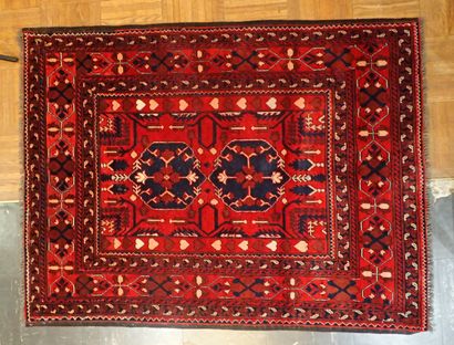 Handmade Oriental rug in red and navy blue...