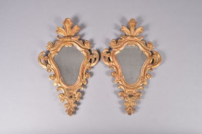 Pair of small gilded wood mirrors with scrolled...