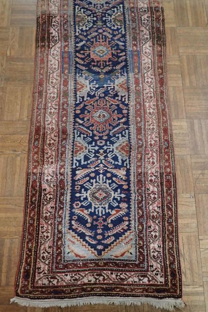Wool gallery rug in burgundy, blue and navy...