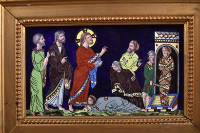 Polychrome cloisonné enamel plate depicting...