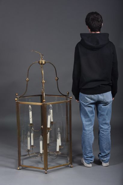 Large brass and glass hexagonal hall lantern...