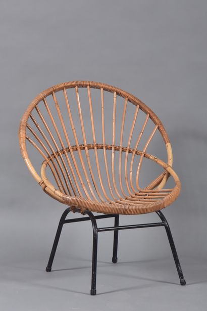 Set of four rattan armchairs, shell model,...