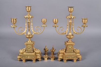 Pair of three-light ormolu candelabra, the...