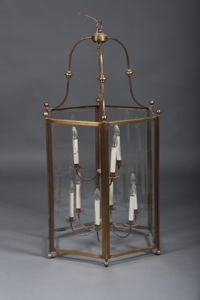 Large brass and glass hexagonal hall lantern...