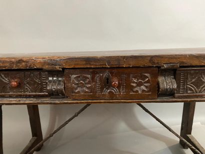 Walnut table with iron hooks, triangular...