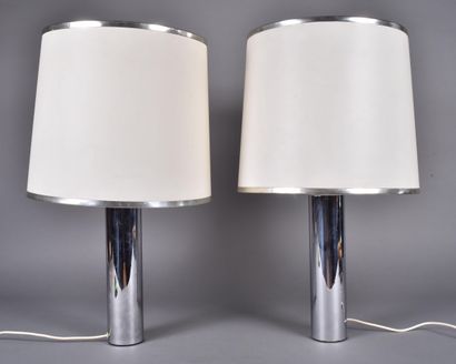 Pair of table lamps with chrome-plated cylindrical...