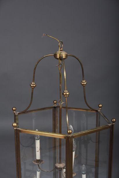 Large brass and glass hexagonal hall lantern...