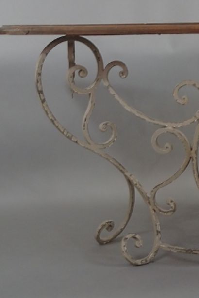 Console table with grey-lacquered wrought-iron...