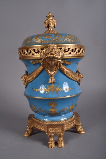 A large covered perfume burner pot in celestial-blue...