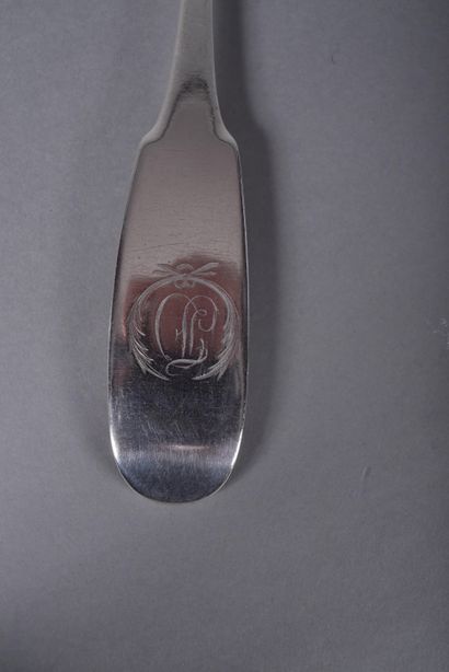 Single-flat silver ladle, spatula monogrammed...