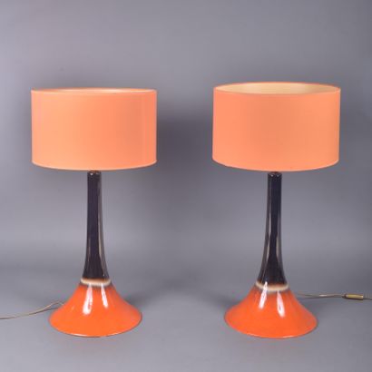 Pair of orange glazed ceramic lamps with...