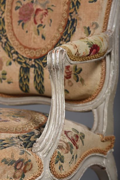 Pair of armchairs in gray beech, molded and...