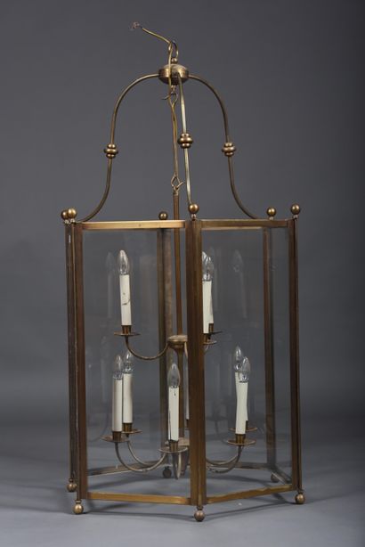 Large brass and glass hexagonal hall lantern...