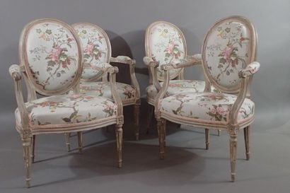 Four molded beech cabriole armchairs with...