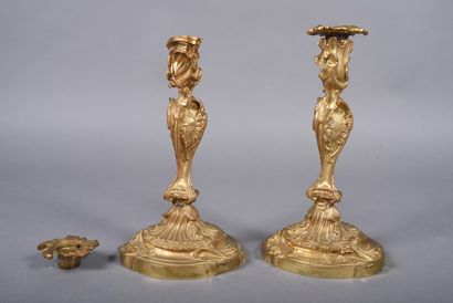 Pair of ormolu candlesticks in rocaille style,...