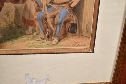 F.GIRARD « Hussard en repos l’auberge » Aquarelle...