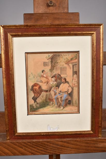 F.GIRARD « Hussard en repos l’auberge » Aquarelle...