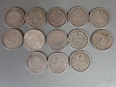 Ensemble de 13 pièces de 5 francs XIXe, argent...