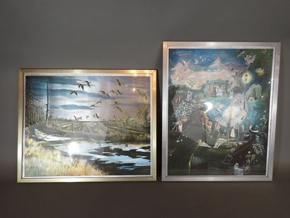 Lot de deux lithographies sur feuille argentée...