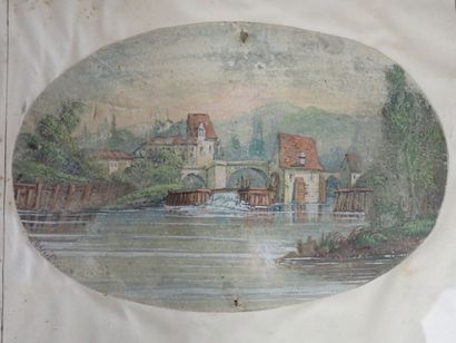 E.RIVIERE, Vue de rivière avec un moulin,...
