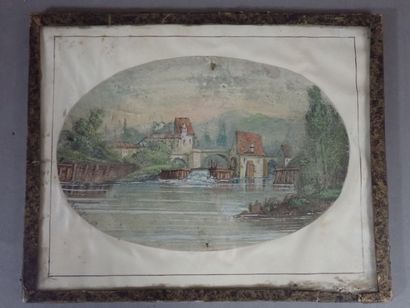E.RIVIERE, Vue de rivière avec un moulin,...