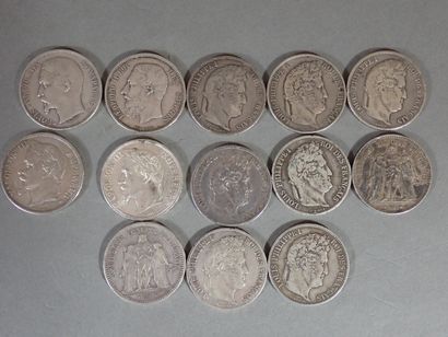 Ensemble de 13 pièces de 5 francs XIXe, argent...