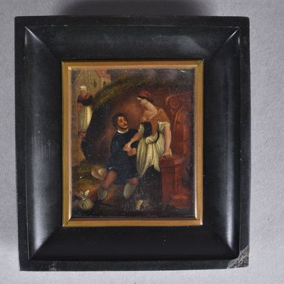 Ecole du XIXème siècle. Scène galante, miniature...