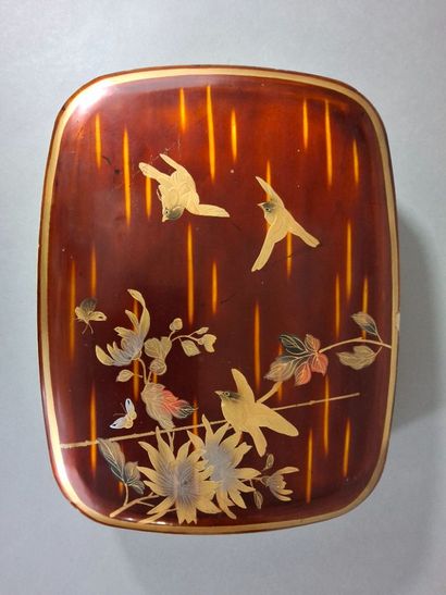 JAPON, Grande boîte en laque à décor d'oiseaux...