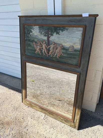 Trumeau en bois laqué et patiné, toile représentant...