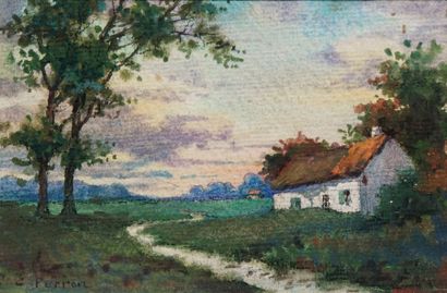 PERRON Charles, 1880-1969 Chaumière au bord...