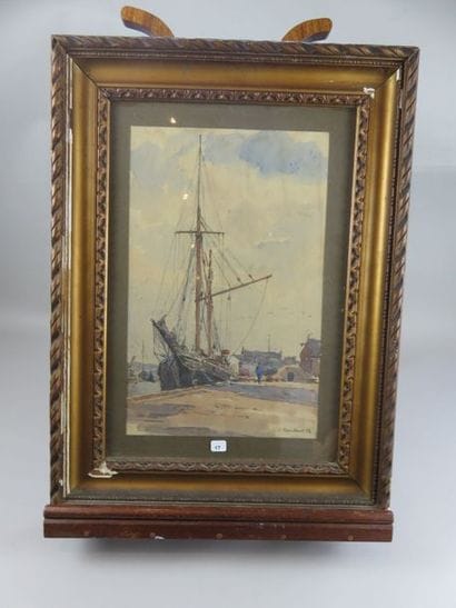 BERNHARD F. ou E. Voilier à quai, 1932 Aquarelle...