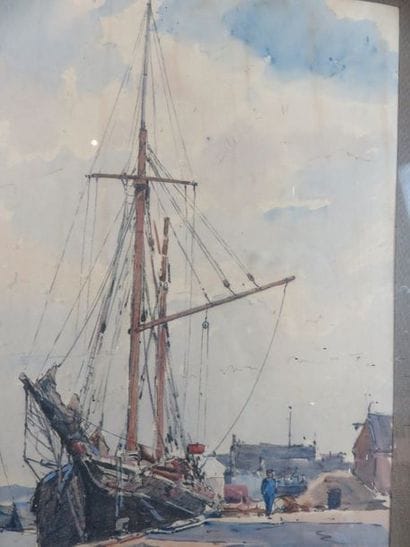 BERNHARD F. ou E. Voilier à quai, 1932 Aquarelle...