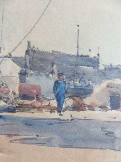 BERNHARD F. ou E. Voilier à quai, 1932 Aquarelle...