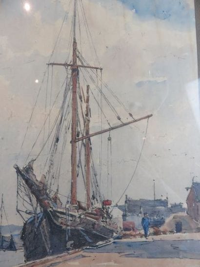 BERNHARD F. ou E. Voilier à quai, 1932 Aquarelle...
