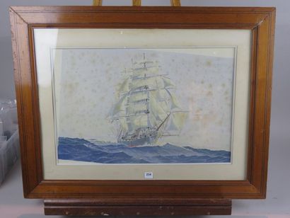 Aquarelle. Trois-mâts par son travers avant....
