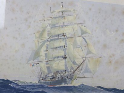 Aquarelle. Trois-mâts par son travers avant....