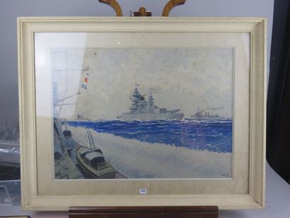 Ecole française. Escadre en mer. Aquarelle...