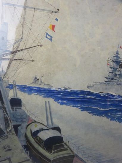 Ecole française. Escadre en mer. Aquarelle...