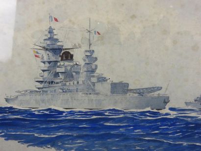 Ecole française. Escadre en mer. Aquarelle...