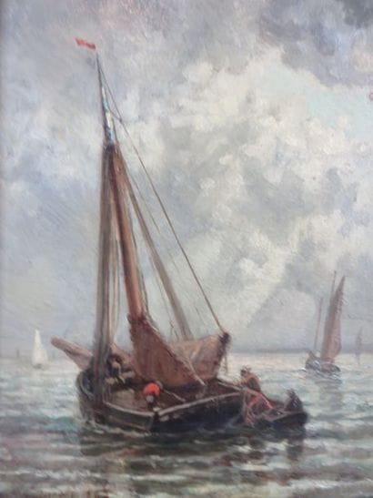 CASINELLI H. Pêcheurs, voiliers, 1869 Huile...