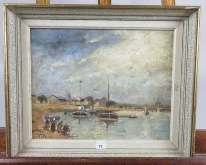 DUPUY L. (?) Lavandières Huile sur carton,...