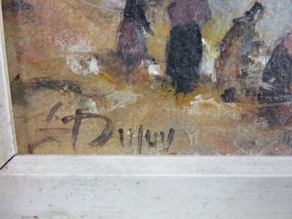 DUPUY L. (?) Lavandières Huile sur carton,...