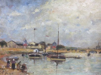 DUPUY L. (?) Lavandières Huile sur carton,...