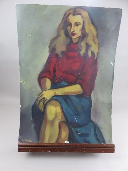 ECOLE MODERNE Femme blonde assise huile sur...