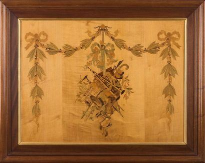 Important panneau de marqueterie de bois...