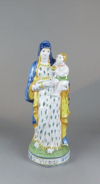 HB Quimper Vierge à l'Enfant en faïence polychrome,...