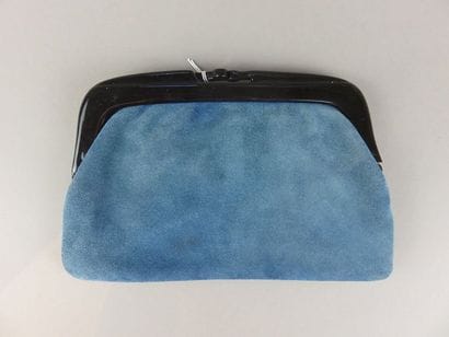 Blue suede clutch bag, black frame. Good...